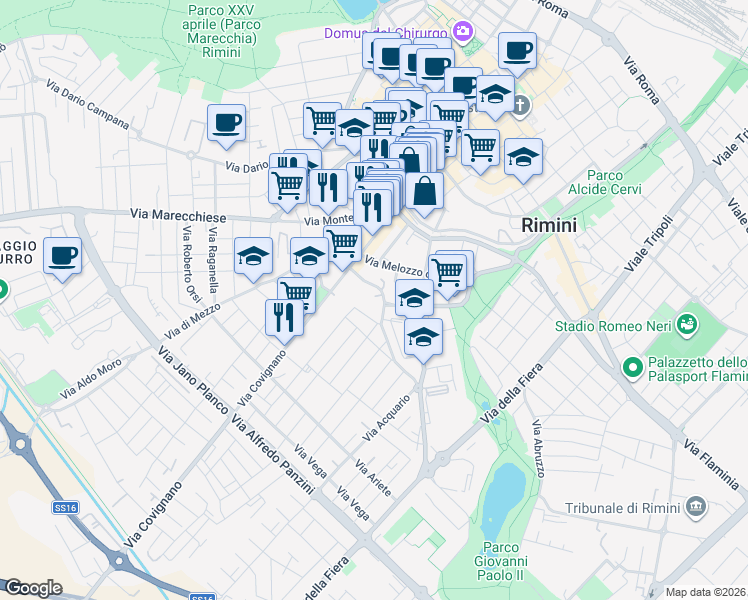 map of restaurants, bars, coffee shops, grocery stores, and more near 32 Via Monte Titano in Rimini