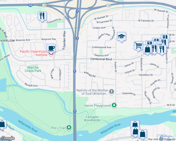 map of restaurants, bars, coffee shops, grocery stores, and more near 925 Anderson Lane in Springfield