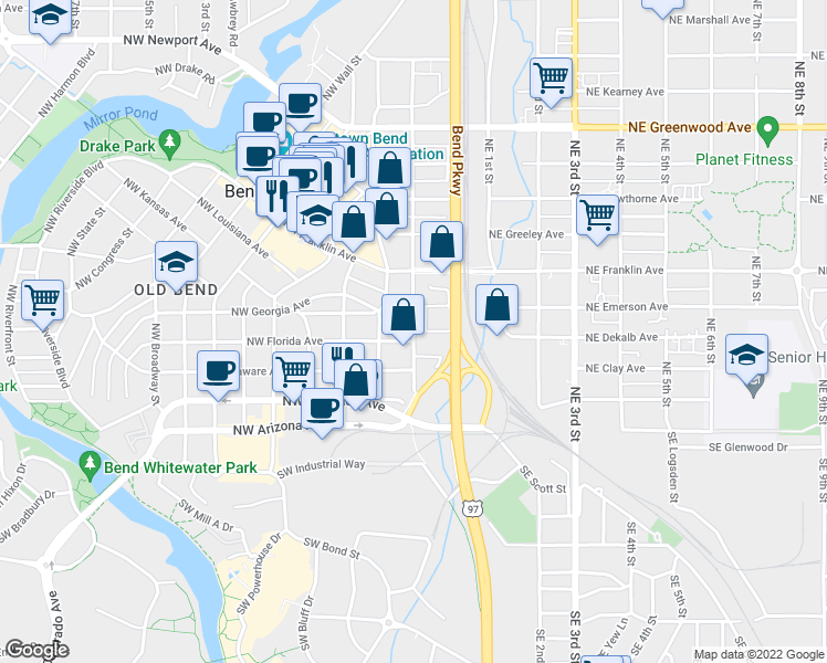 map of restaurants, bars, coffee shops, grocery stores, and more near NW Hill St & NW Lake Pl in Bend
