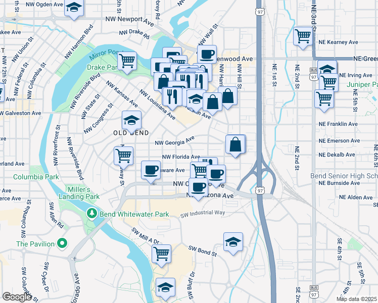 map of restaurants, bars, coffee shops, grocery stores, and more near 350 Northwest Hunter Place in Bend