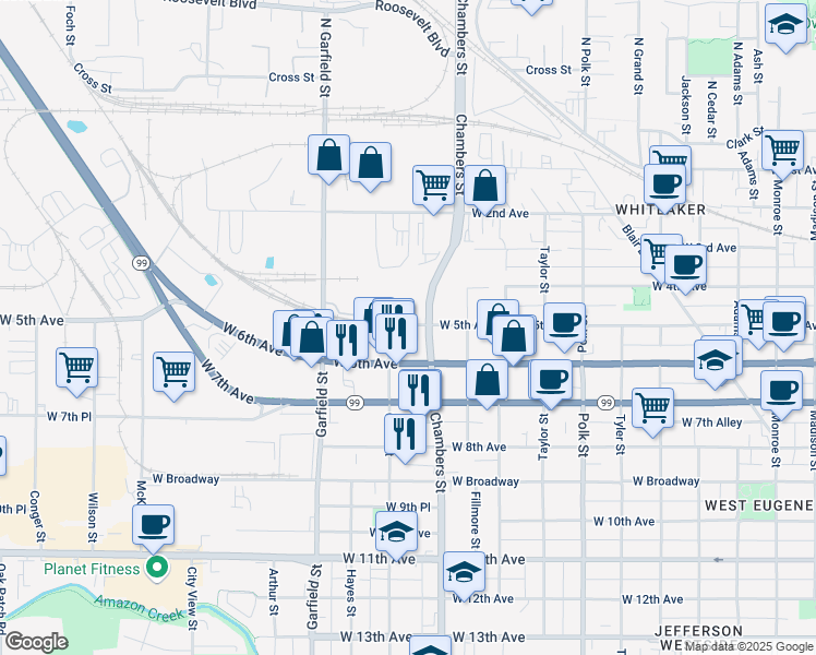 map of restaurants, bars, coffee shops, grocery stores, and more near 401 Grant Street in Eugene