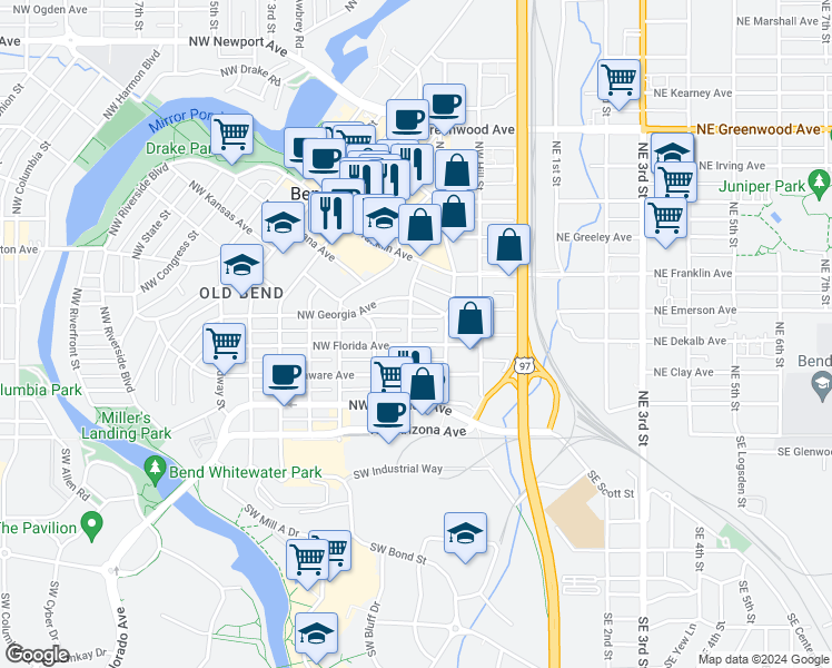 map of restaurants, bars, coffee shops, grocery stores, and more near 326 Northwest Sisemore Street in Bend