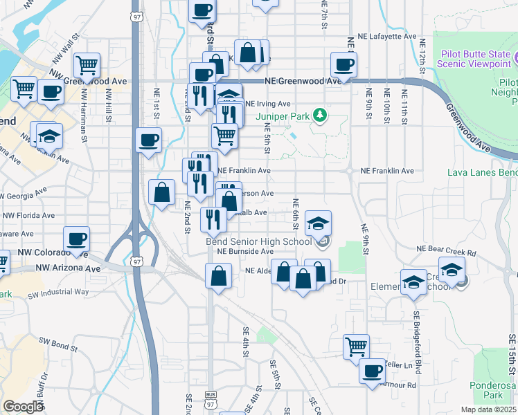 map of restaurants, bars, coffee shops, grocery stores, and more near 474 Northeast Emerson Avenue in Bend