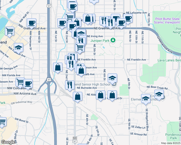 map of restaurants, bars, coffee shops, grocery stores, and more near 474 Northeast Emerson Avenue in Bend
