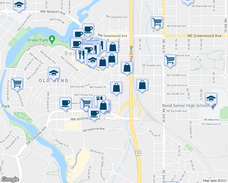 map of restaurants, bars, coffee shops, grocery stores, and more near 414 Northwest Harriman Street in Bend