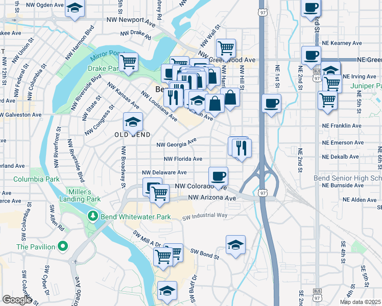 map of restaurants, bars, coffee shops, grocery stores, and more near 350 Northwest Hunter Place in Bend