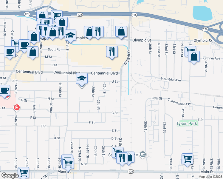 map of restaurants, bars, coffee shops, grocery stores, and more near 2649 J Street in Springfield