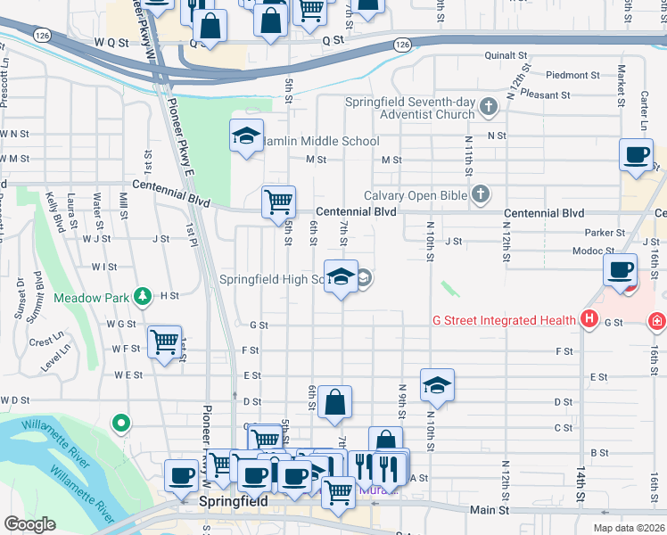 map of restaurants, bars, coffee shops, grocery stores, and more near 704 J Street in Springfield