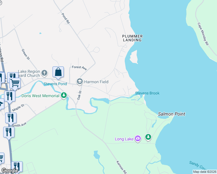 map of restaurants, bars, coffee shops, grocery stores, and more near 21 Moore Street in Bridgton