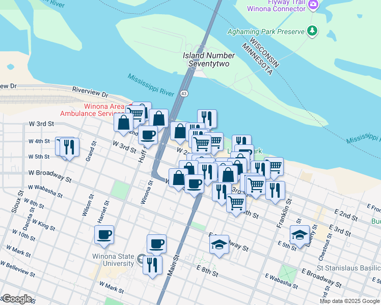 map of restaurants, bars, coffee shops, grocery stores, and more near 10 Washington Street in Winona