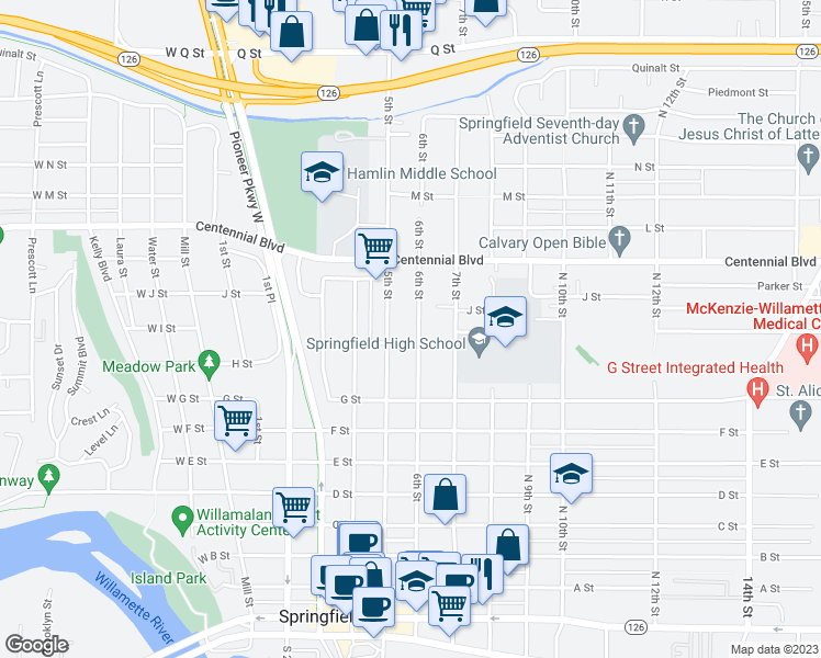 map of restaurants, bars, coffee shops, grocery stores, and more near 1012 North 6th Street in Springfield