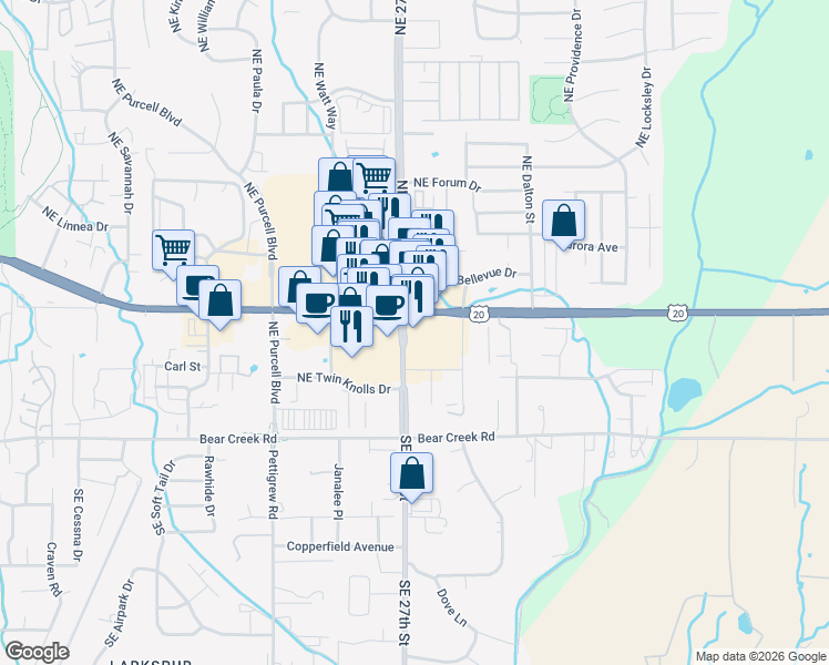 map of restaurants, bars, coffee shops, grocery stores, and more near 62080 Southeast 27th Street in Bend