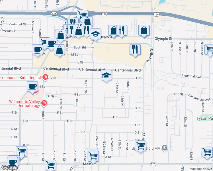 map of restaurants, bars, coffee shops, grocery stores, and more near 2109 J Street in Springfield