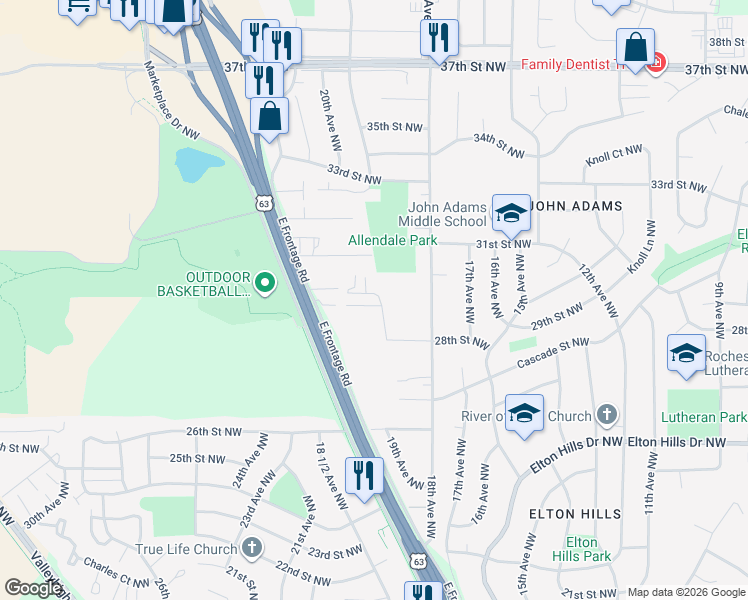 map of restaurants, bars, coffee shops, grocery stores, and more near 1976 29th Place Northwest in Rochester