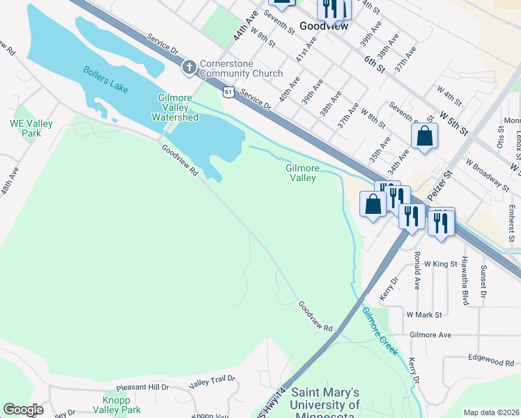 map of restaurants, bars, coffee shops, grocery stores, and more near 2250 Goodview Road in Winona