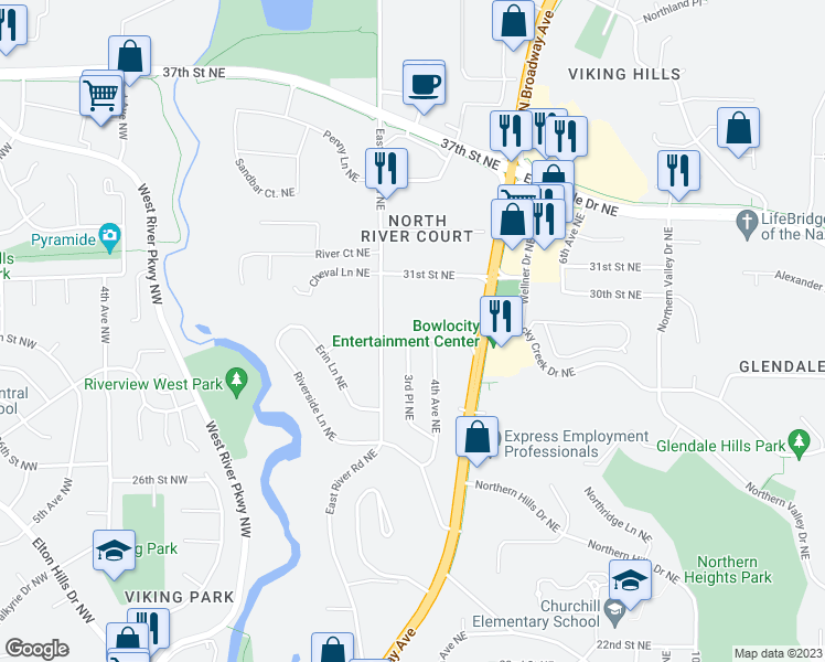 map of restaurants, bars, coffee shops, grocery stores, and more near 325 27th Street Northeast in Rochester