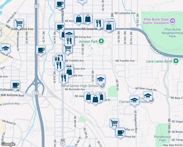 map of restaurants, bars, coffee shops, grocery stores, and more near 409 Northeast 6th Street in Bend