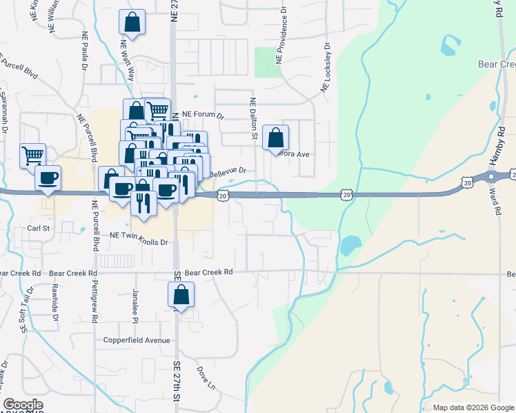 map of restaurants, bars, coffee shops, grocery stores, and more near 21312 U.S. 20 in Bend