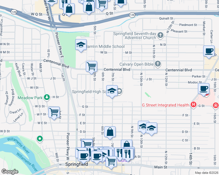 map of restaurants, bars, coffee shops, grocery stores, and more near 704 J Street in Springfield
