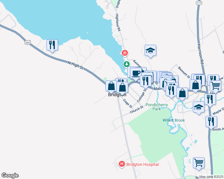 map of restaurants, bars, coffee shops, grocery stores, and more near 12 North High Street in Bridgton