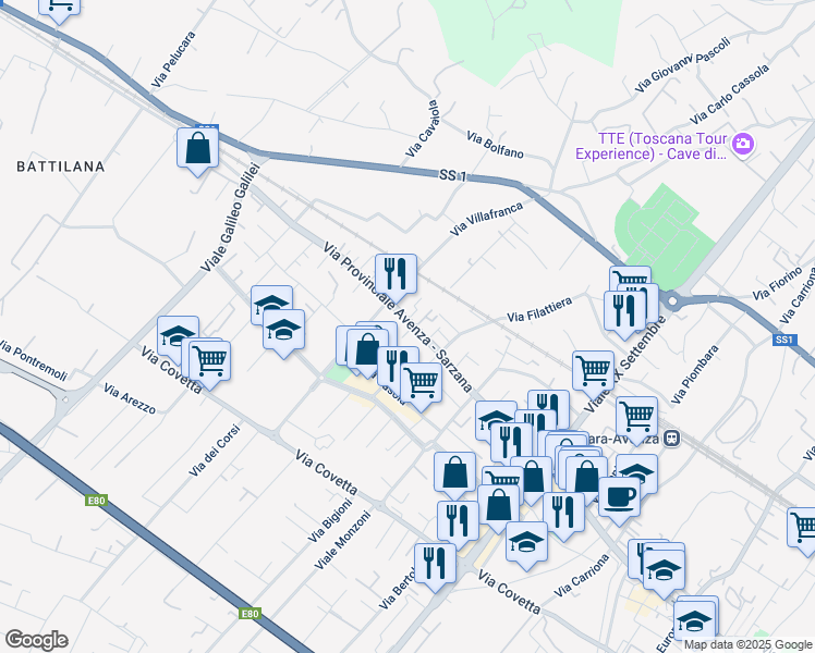 map of restaurants, bars, coffee shops, grocery stores, and more near 48 Via Provinciale Avenza - Sarzana in Carrara