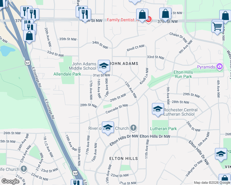 map of restaurants, bars, coffee shops, grocery stores, and more near 1330 30th Street Northwest in Rochester