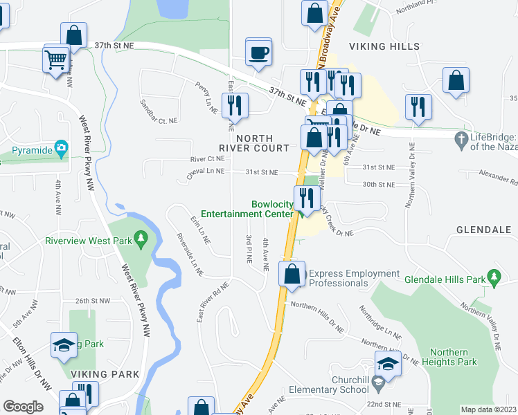 map of restaurants, bars, coffee shops, grocery stores, and more near 335 27th Street Northeast in Rochester