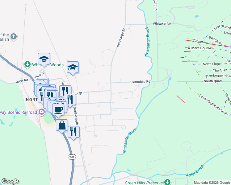 map of restaurants, bars, coffee shops, grocery stores, and more near 20 Cranmore Road in North Conway