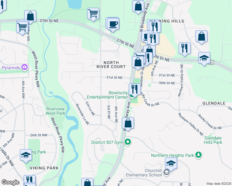 map of restaurants, bars, coffee shops, grocery stores, and more near 401 27th Street Northeast in Rochester