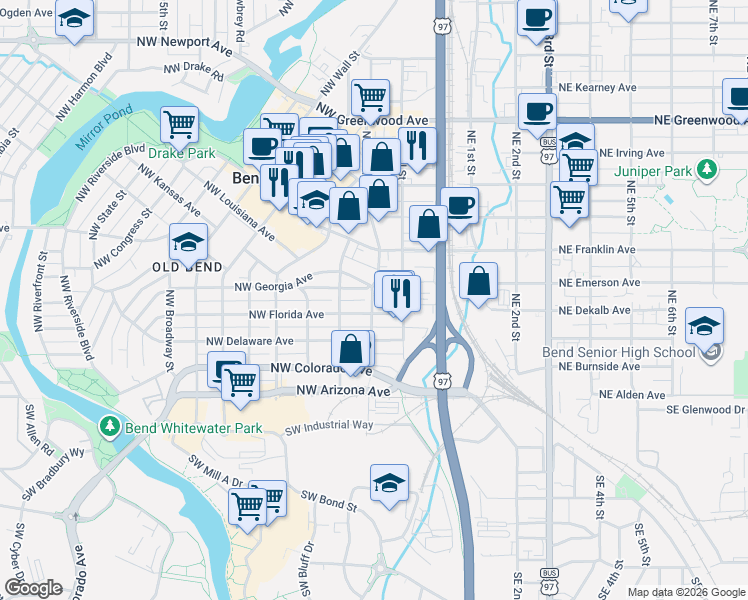 map of restaurants, bars, coffee shops, grocery stores, and more near 414 Northwest Harriman Street in Bend