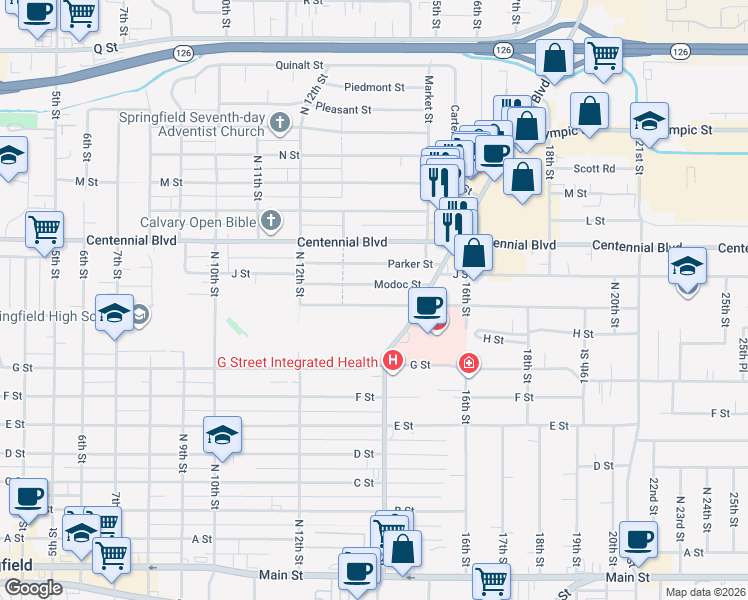 map of restaurants, bars, coffee shops, grocery stores, and more near 1360 Modoc Street in Springfield