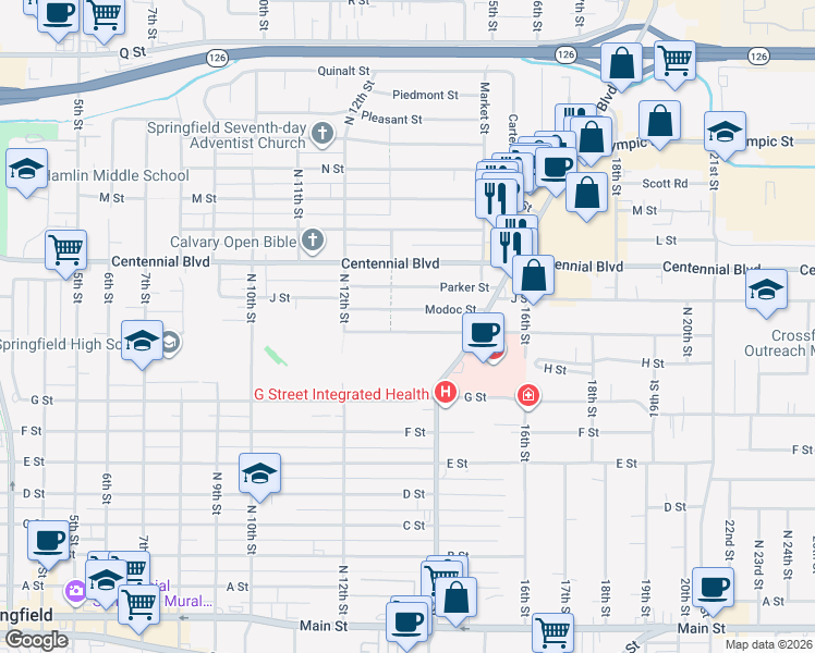 map of restaurants, bars, coffee shops, grocery stores, and more near 1360 Modoc Street in Springfield