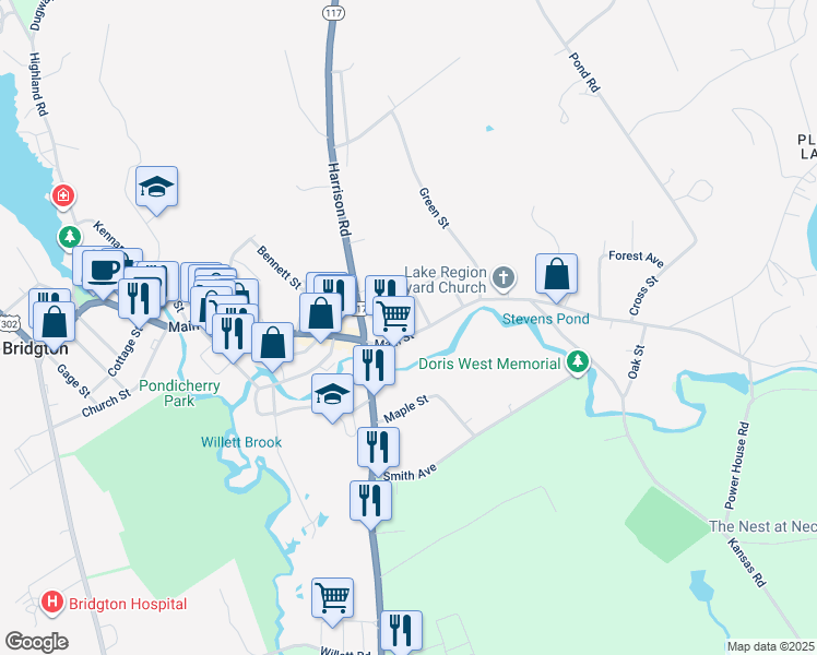 map of restaurants, bars, coffee shops, grocery stores, and more near 6 School Street in Bridgton