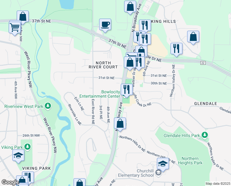 map of restaurants, bars, coffee shops, grocery stores, and more near 402 31st Street Northeast in Rochester