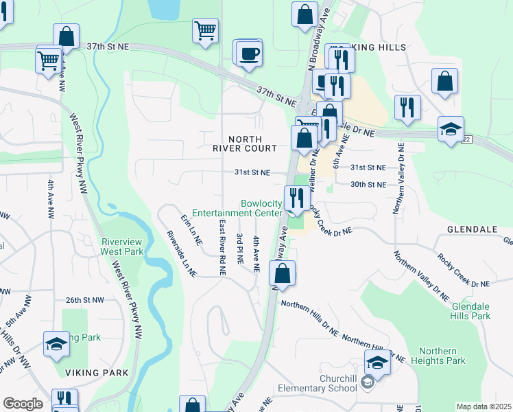 map of restaurants, bars, coffee shops, grocery stores, and more near 402 31st Street Northeast in Rochester