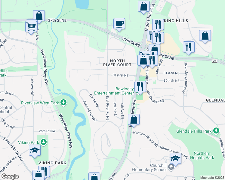 map of restaurants, bars, coffee shops, grocery stores, and more near 310 31st Street Northeast in Rochester
