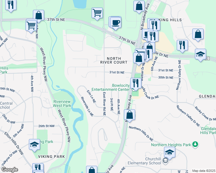 map of restaurants, bars, coffee shops, grocery stores, and more near 310 31st Street Northeast in Rochester