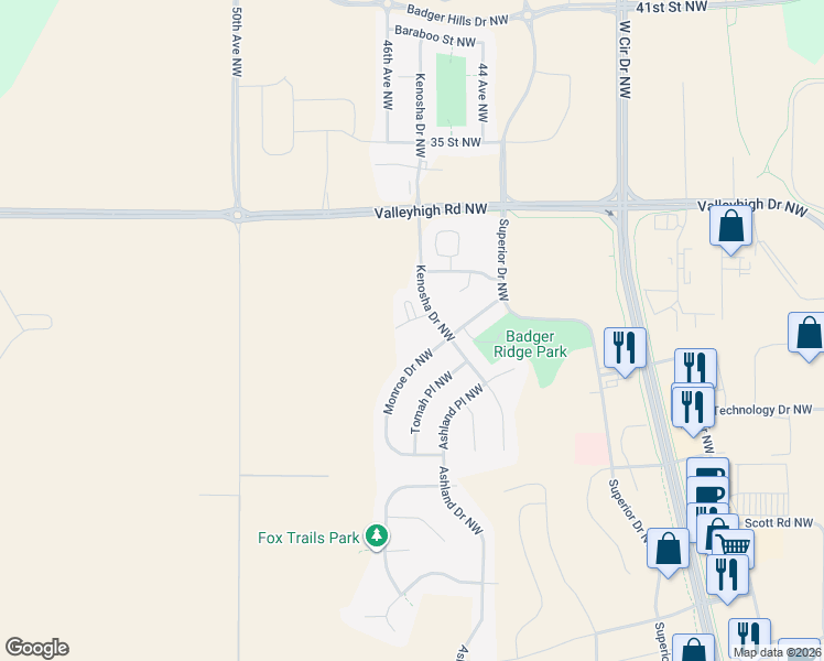 map of restaurants, bars, coffee shops, grocery stores, and more near 3072 River Falls Court Northwest in Rochester
