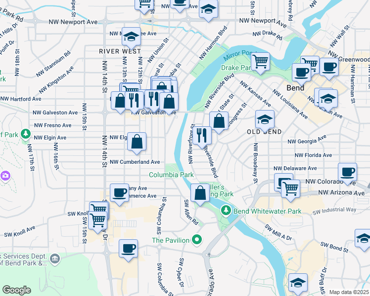 map of restaurants, bars, coffee shops, grocery stores, and more near 401 Northwest Riverfront Street in Bend