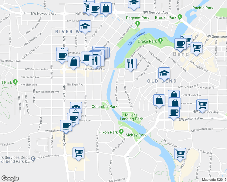 map of restaurants, bars, coffee shops, grocery stores, and more near 401 Northwest Riverfront Street in Bend