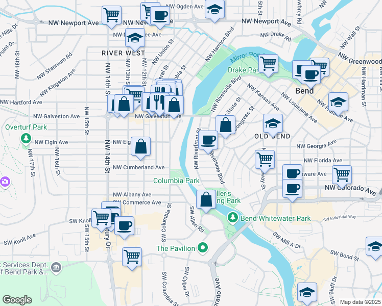 map of restaurants, bars, coffee shops, grocery stores, and more near 401 Northwest Riverfront Street in Bend