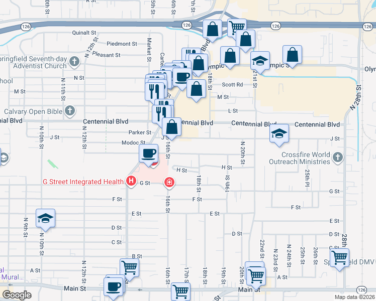 map of restaurants, bars, coffee shops, grocery stores, and more near 1731 J Street in Springfield