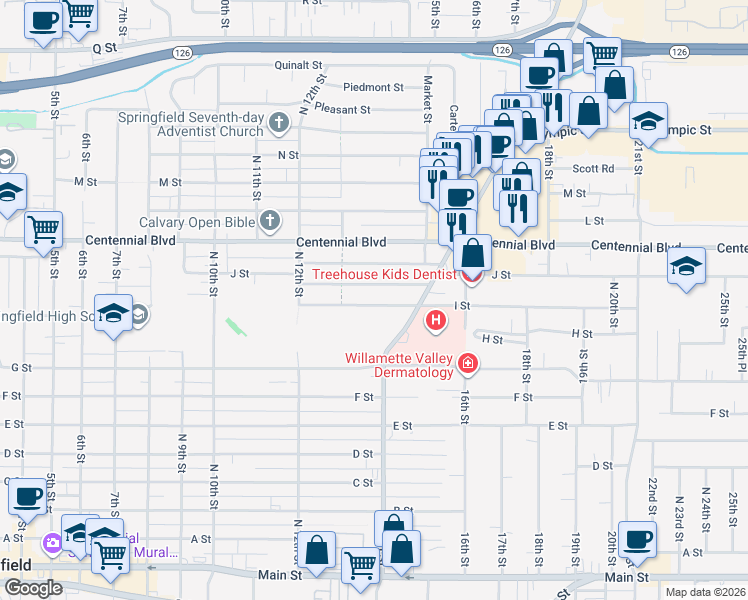 map of restaurants, bars, coffee shops, grocery stores, and more near 1360 Modoc Street in Springfield