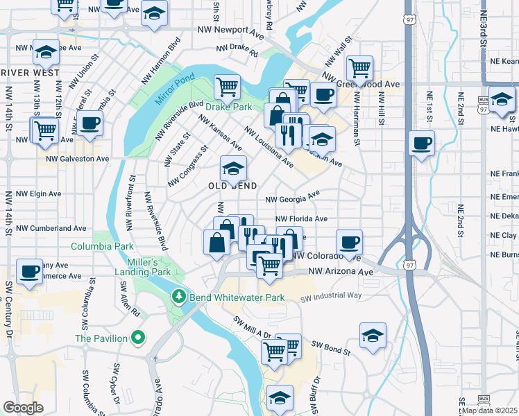 map of restaurants, bars, coffee shops, grocery stores, and more near 720 Northwest Georgia Avenue in Bend
