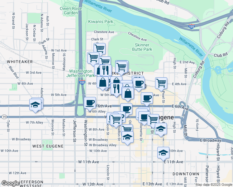 map of restaurants, bars, coffee shops, grocery stores, and more near 438 Charnelton Street in Eugene