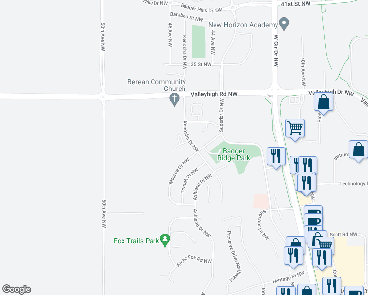 map of restaurants, bars, coffee shops, grocery stores, and more near 3058 River Falls Road Northwest in Rochester