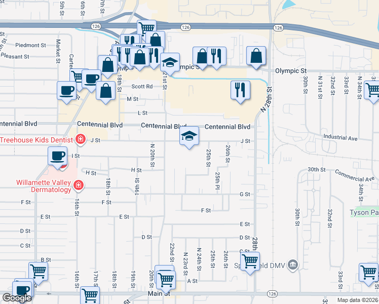 map of restaurants, bars, coffee shops, grocery stores, and more near 2109 J Street in Springfield