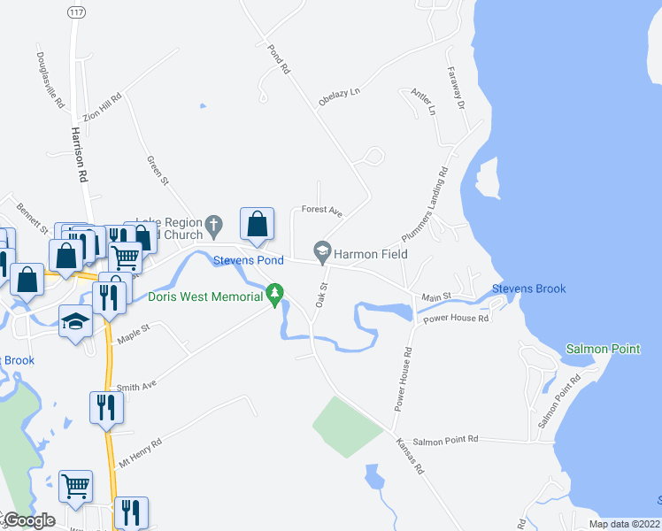 map of restaurants, bars, coffee shops, grocery stores, and more near 396 Main St in Bridgton
