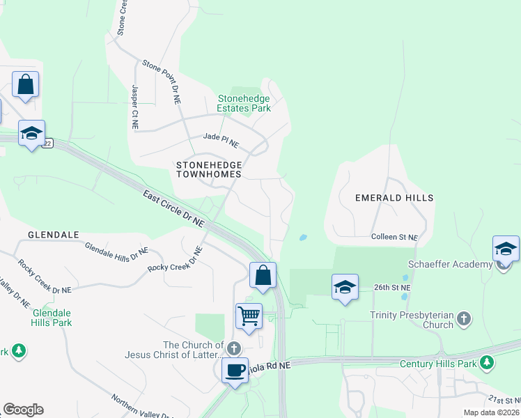 map of restaurants, bars, coffee shops, grocery stores, and more near 2467 Coral Ridge Place Northeast in Rochester