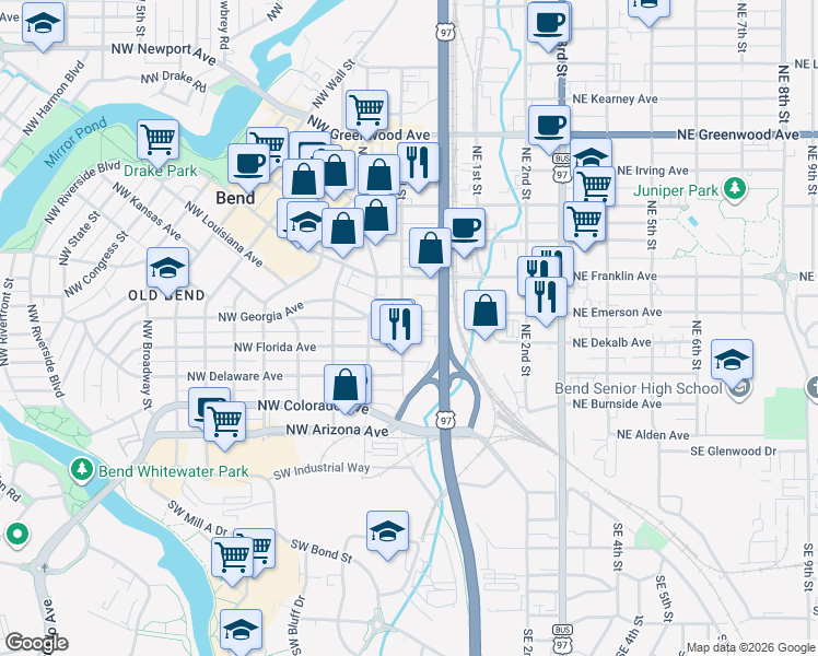 map of restaurants, bars, coffee shops, grocery stores, and more near 45 Northwest Park Place in Bend